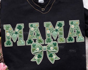 Camiseta para o Dia de São Patrício para Mamães, Blusa com Estampa de Trevo Bordado Falso e Laço (Download Digital)