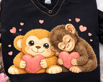 Ilustração em aquarela de um macaquinho bebê com coração (PNG - Download digital)