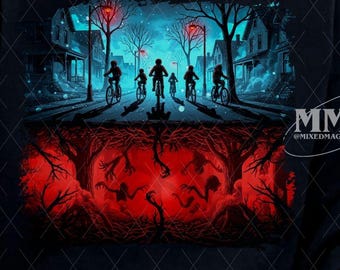 Design retrô de moto de terror em PNG, camiseta de Halloween de cabeça para baixo inspirada no modelo ST5 (Download digital)