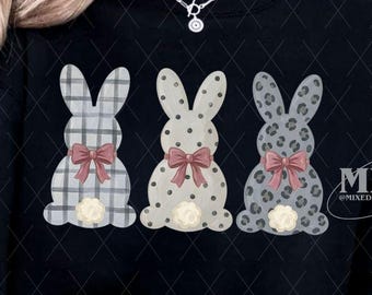 Camiseta Coquette com estampa de coelhinho da Páscoa, camiseta com laço rosa e trio de coelhinhos, camiseta moderna xadrez com bolinhas e estampa de leopardo para mulheres.