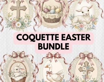 Pacote Coquette de Páscoa com 6 PNGs - Design de Sublimação Coquette Cottage Core para Primavera (Download Digital) - Camiseta com Laço Floral de Coelhinho da Páscoa e Coelhinho da Páscoa