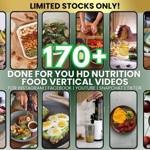 Könnte beinhalten: Werbebild mit über 170 HD-Vertikalvideos zur Ernährung. Das Bild zeigt verschiedene Szenen der Essenszubereitung, darunter Salate, Smoothies und angerichtete Mahlzeiten. Text-Overlay: "LIMITED STOCKS ONLY!" und "DONE FOR YOU HD NUTRITION FOOD VERTICAL VIDEOS".
