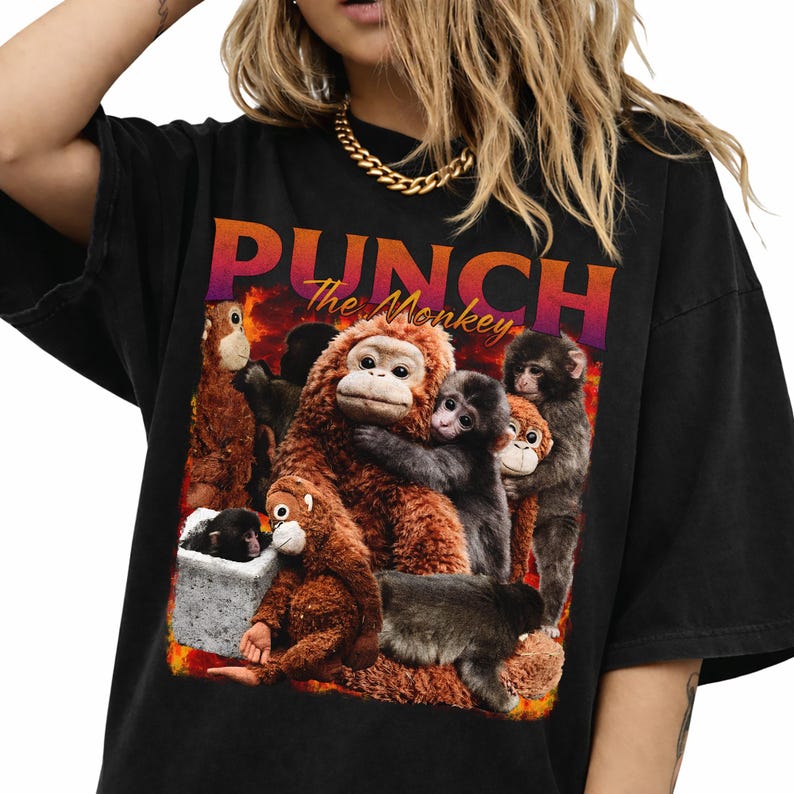 May include: Black t-shirt featuring a graphic of several monkeys with the text "PUNCH The Monkey" in orange and purple. The monkeys are various shades of brown and gray, with a fiery background.