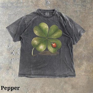 May include: A charcoal grey short-sleeve t-shirt featuring a large, detailed illustration of a four-leaf clover centred on the chest. A small red ladybird with black spots is positioned on the lower right leaf of the green clover graphic.