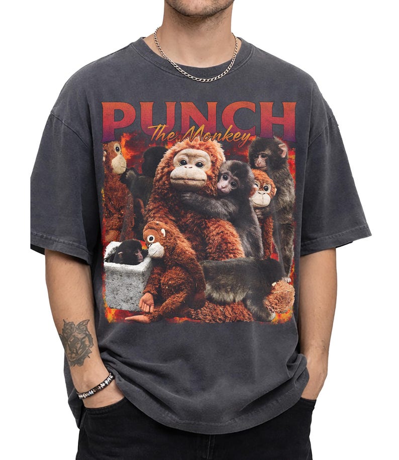 May include: Dark gray t-shirt featuring a graphic of several monkeys with the text "PUNCH The Monkey" in a red and orange gradient. The monkeys are various shades of brown and black, creating a detailed illustration.