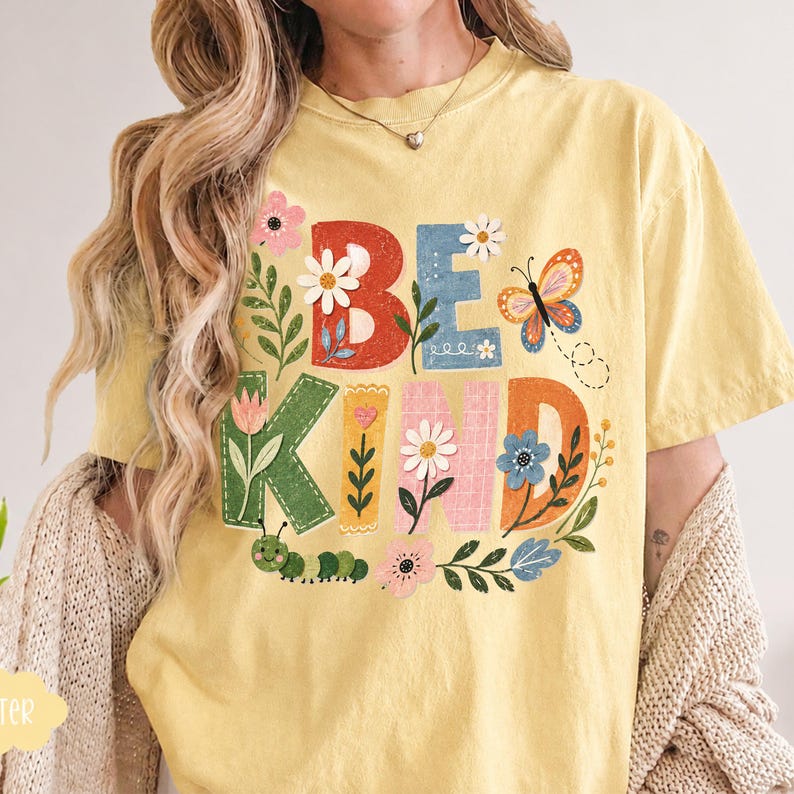 Be Kind Shirt, Nature Inspired Tee, Floral Kindness T-Shirt, Butterfly Caterpillar Top, Inspirational Gift image 1