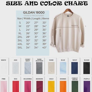 May include: A beige Gildan 18000 unisex sweatshirt displayed on a hanger, with a size and color chart. The chart shows measurements in inches for sizes S to 5XL, and color swatches including white, black, and navy.