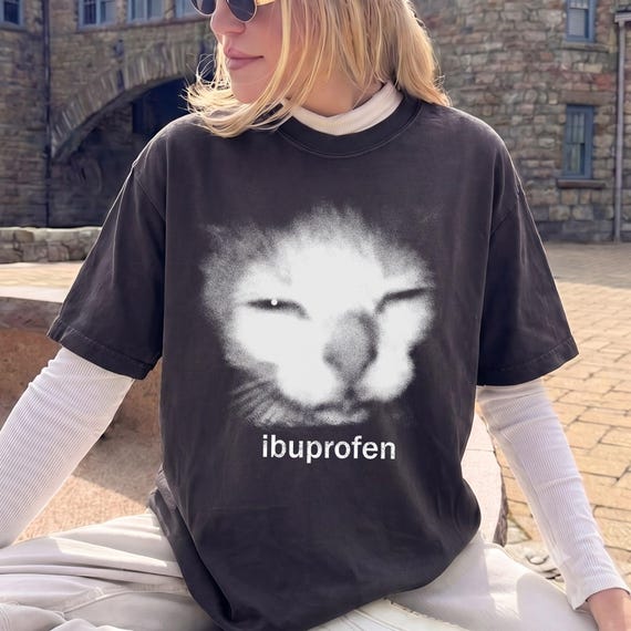 Ibuprofen Cat Graphic Tee, Funny Distressed Cat Face T-Shirt, Pet Lover Apparel