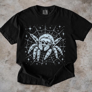May include: A black short-sleeved t-shirt featuring a graphic print of a fuzzy spider with large eyes centred on a spider web background with small white stars. The design is rendered in shades of light blue and white against the dark fabric.