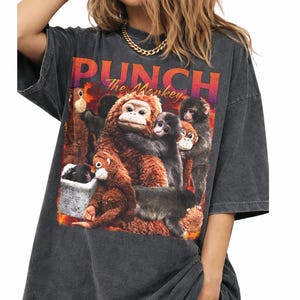 May include: Dark gray oversized t-shirt featuring a graphic of several monkeys with the text "PUNCH The Monkey" in orange and purple. The shirt has a vintage, worn look.