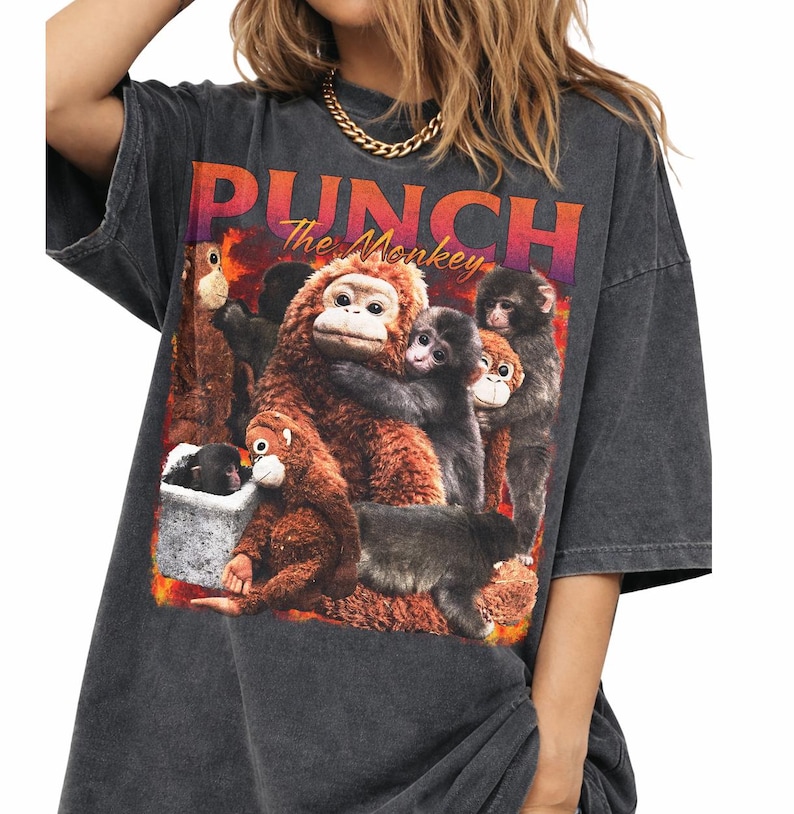 May include: Dark gray oversized t-shirt featuring a graphic of several monkeys with the text "PUNCH The Monkey" in orange and purple. The shirt has a vintage, worn look.