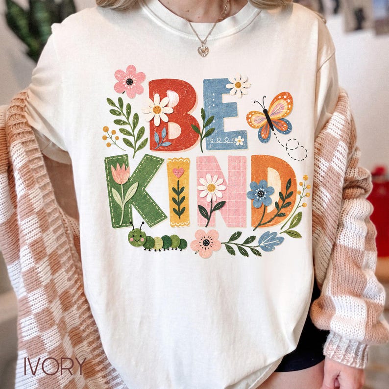 Be Kind Shirt, Nature Inspired Tee, Floral Kindness T-Shirt, Butterfly Caterpillar Top, Inspirational Gift image 7