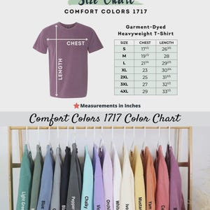 May include: A size chart and color chart for Comfort Colors 1717 heavyweight t-shirts. The size chart shows chest and length measurements in inches. The color chart displays various garment-dyed t-shirt colors, including Light Green, Moss, Blue Jean, Gray, Black, Pepper, and Chalky Mint.