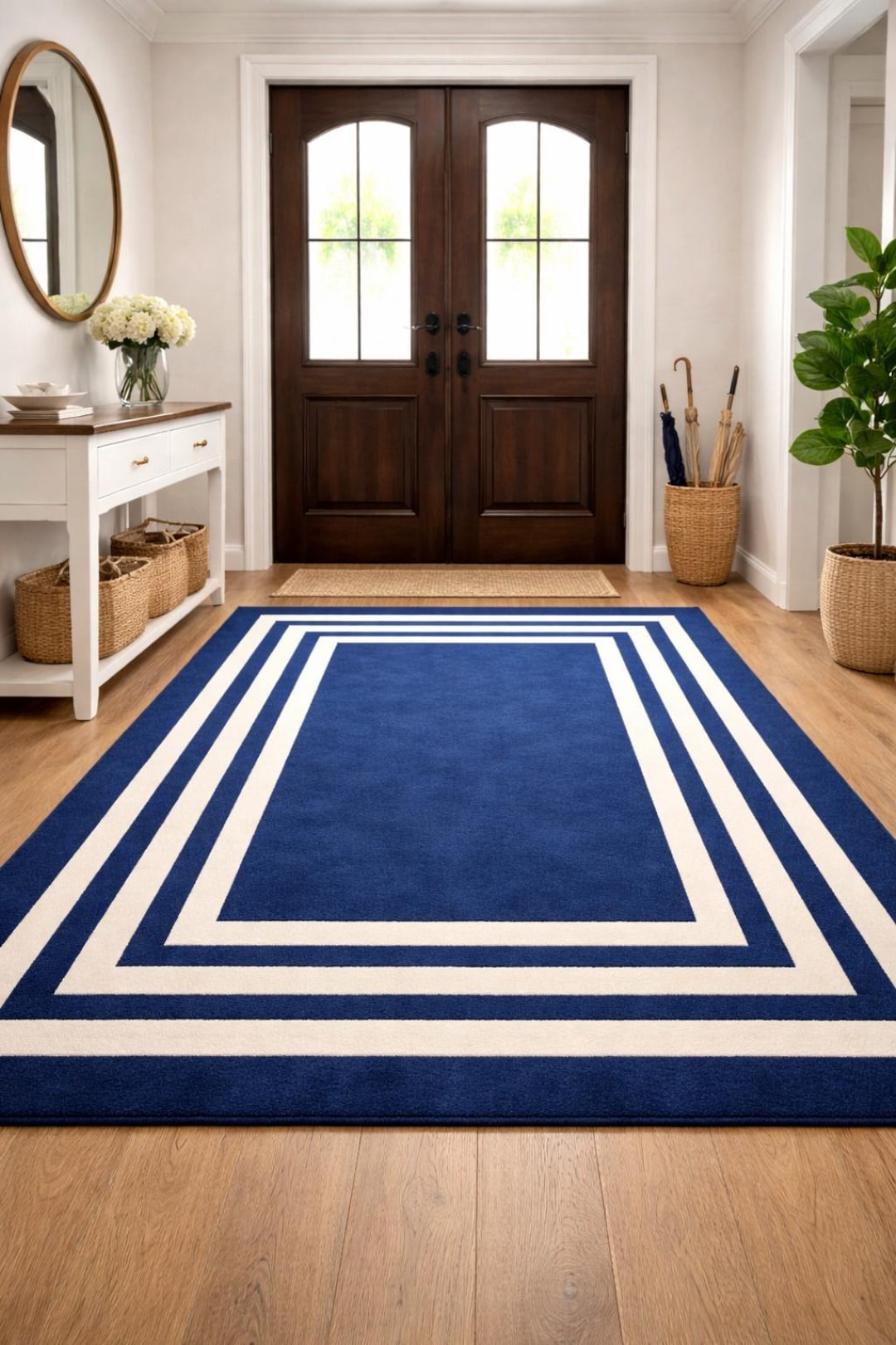 Blue Entry Rugs Navy Blue Border Rug, Modern Geometric Entryway Rug, Framed Stripe Area ...