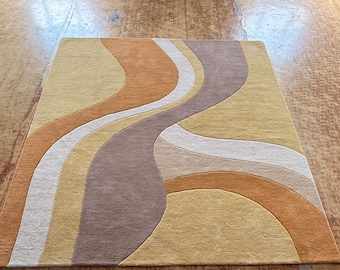 Abstract Modern Area Rug, Neutral Wavy Pattern Rug, Beige Terracotta Taupe Carpet, Contemporary Living Room Decor Rug