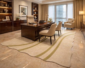 Wavy Edge Area Rug, Cream Beige Rug with Green Lines, Modern Minimal Rug, Abstract Curved Carpet, Luxury Living Room Bedroom Rug