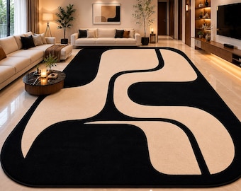 Modern Abstract Area Rug, Black Cream Geometric Rug, Minimalist Living Room Carpet, Contemporary Floor Rug, Large Neutral Home Decor