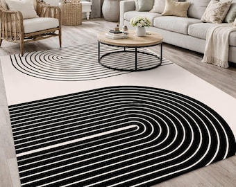 Hand Tufted Minimalist Abstract Area Rug | Modern Black White Line Art Rug | Contemporary Living Room Carpet