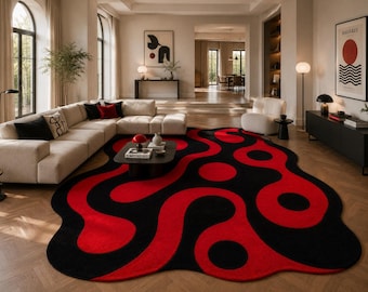 Abstract Red Black Organic Kitchen Rug, Modern Wavy Area Rug, Irregular Nordic Floor Mat, Contemporary Kitchen Decor