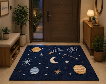 Tapis de porte céleste, tapis d'entrée sur le thème de l'espace, décoration planètes, étoiles et galaxie, tapis cosmique bleu marine pour la maison, tapis pour chambre d'enfant