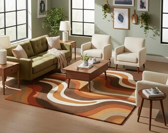 Hand Tufted Retro Wave Area Rug | Mid Century Modern Abstract Rug | Boho Living Room & Bedroom Carpet