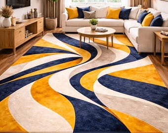 Tapis abstrait bleu et moutarde, tapis d'entrée moderne, tapis contemporain, tapis à motif ondulé artistique, décoration intérieure neutre