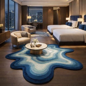 Könnte beinhalten: Ein luxuriöses Hotelzimmer mit zwei Betten, weißer Bettwäsche und blauen Kissen. Ein einzigartiger, abstrakt geformter Teppich in Blautönen liegt auf dem dunklen Holzboden. Zwei beige Sessel und ein runder Couchtisch vervollständigen den Raum.