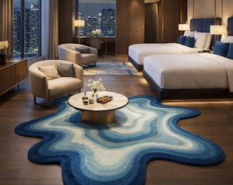 Abstract Blue Wavy Area Rug, Modern Irregular Shape Rug, Ocean Wave Carpet, Trendy Contemporary Living Room Rug, Handmade Style Floor Decor