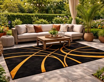 Tapis moderne noir et or, tapis abstrait de luxe, tapis d'entrée contemporain, tapis géométrique à lignes dorées, tapis minimaliste.