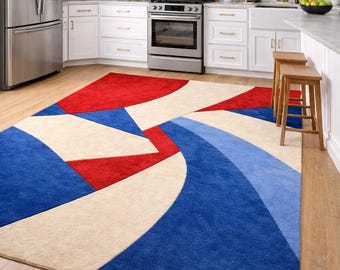 Tapis géométrique moderne – Tapis abstrait rouge, bleu et crème – Tapis de salon contemporain – Décoration de sol audacieuse