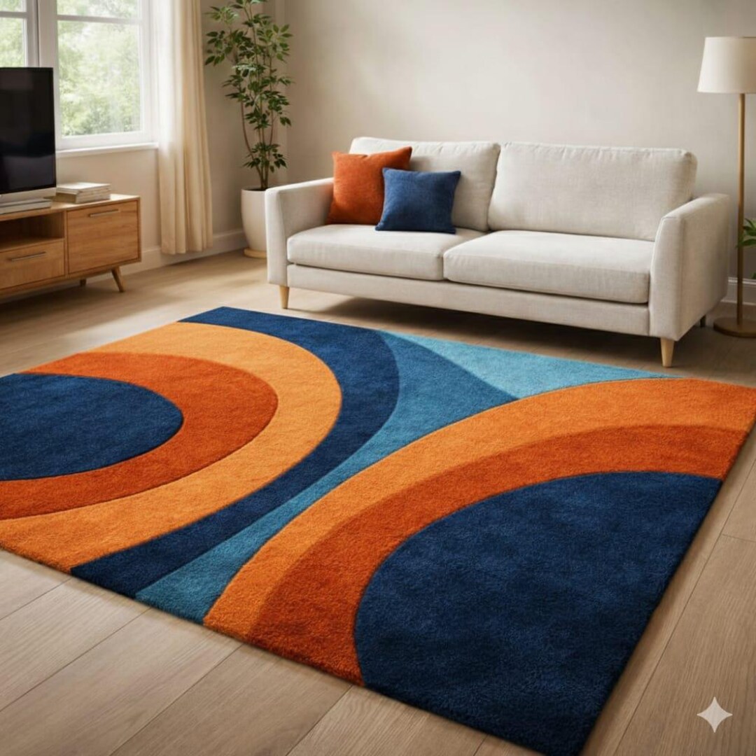 Mid Century Modern Abstract Area Rug, Orange Blue Geometric Carpet ...