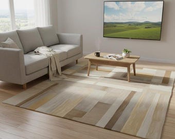 Hand Tufted Modern Neutral Area Rug, Abstract Geometric Wool Rug, Minimalist Patchwork Carpet, Contemporary Beige Living Room Rug