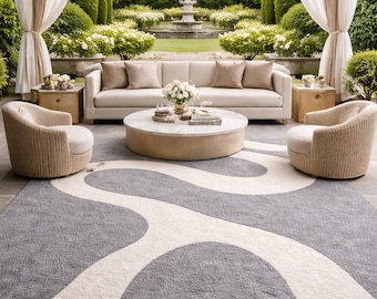 Modern Abstract Area Rug Gray White Wave Pattern, Minimalist Living Room Rug, Contemporary Neutral Carpet, Scandinavian Home Decor