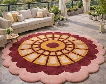 Hand Tufted Floral Round Rug | Boho Mandala Area Rug | Custom Color Wool Carpet | Living Room, Patio & Balcony Decor