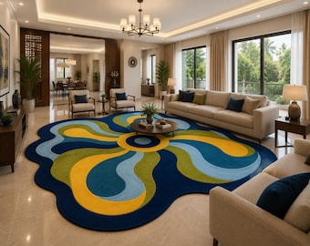 Retro Flower Rug, Blue Yellow Floral Area Rug, Mid Century Modern Accent Rug, Funky Wavy Flower Carpet, Kitchen Floor Mat