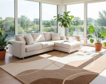 Modern Abstract Brown Area Rug, Neutral Geometric Living Room Carpet, Contemporary Minimalist Floor Rug, Earth Tone Home Decor