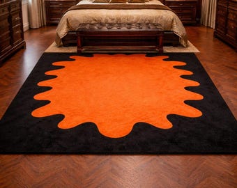 Orange Black Area Rug, Abstract Splash Rug, Modern Statement Carpet, Irregular Shape Rug, Contemporary Art Rug, Halloween Decor Rug,