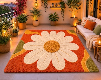 Large Daisy Flower Rug, Retro Floral Area Rug, Orange Boho Carpet, Cottagecore Decor, Aesthetic Living Room Rug