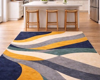 Tapis abstrait moderne, tapis géométrique coloré à vagues, tapis style milieu du siècle, tapis de salon, tapis de cuisine, décoration de sol contemporaine
