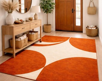Tapis géométrique orange moderne, tapis d'entrée style années 50, tapis abstrait rétro, tapis de salon bohème, élément de décoration de sol tendance