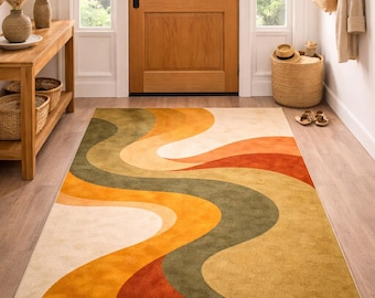 Tapis d'entrée rétro abstrait, tapis ondulé moderne du milieu du siècle, tapis aux tons naturels, tapis de couloir bohème, tapis géométrique moderne