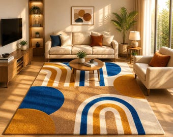 Tapis abstrait moderne, tapis géométrique bohème, décoration de chambre colorée, tapis moelleux et doux, tapis esthétique, décoration tendance pour dortoir