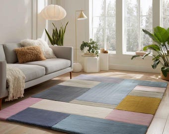 Hand Tufted Modern Abstract Rug, Color Block Patchwork Wool Area Rug, Contemporary Geometric Carpet, Mid Century Style Home Decor