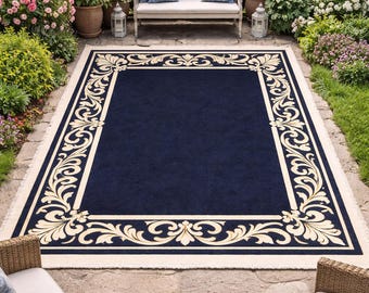 Tapis d'extérieur bleu marine, tapis de patio, tapis de jardin à bordure florale, tapis imperméable, tapis d'extérieur, tapis de terrasse, décoration de porche, décoration élégante de patio