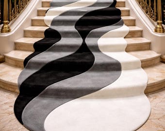 Tapis d'escalier ondulé moderne | Tapis d'escalier abstrait noir, blanc et gris | Tapis d'escalier antidérapant | Tapis de couloir contemporain