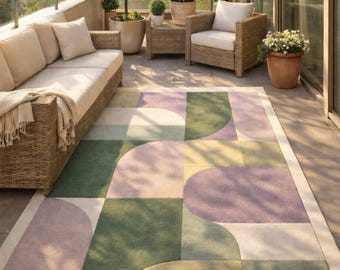 Pastel Geometric Area Rug Sage Green Lavender, Modern Abstract Rug, Minimalist Living Room Rug, Scandinavian Japandi Decor