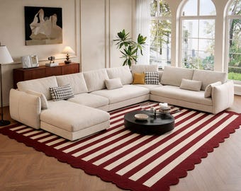 Tapis à bords festonnés bordeaux et crème, tapis rayé, tapis moderne et élégant, tapis à bordure ondulée, tapis pour salon et chambre, décoration tendance