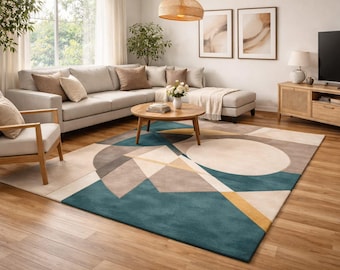 Hand Tufted Modern Abstract Area Rug | Geometric Minimalist Teal Beige Rug | Contemporary Living Room Bedroom Carpet