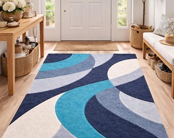 Tapis abstrait moderne bleu sarcelle gris | Tapis à motif géométrique ondulé | Tapis de salon contemporain | Tapis de chambre doux