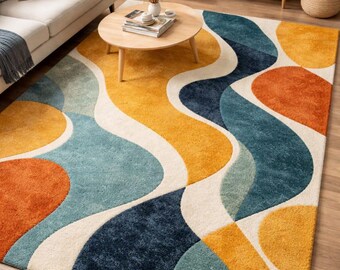 Hand Tufted Abstract Wave Area Rug | Modern Colorful Living Room Rug | Mid Century Boho Carpet